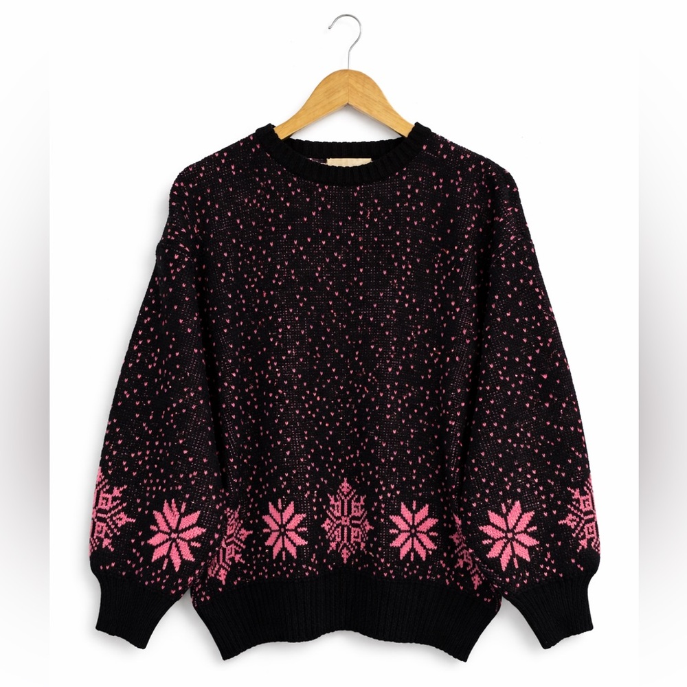 Vintage Black Pink Nordic Knit Sweater 80s 90s Large